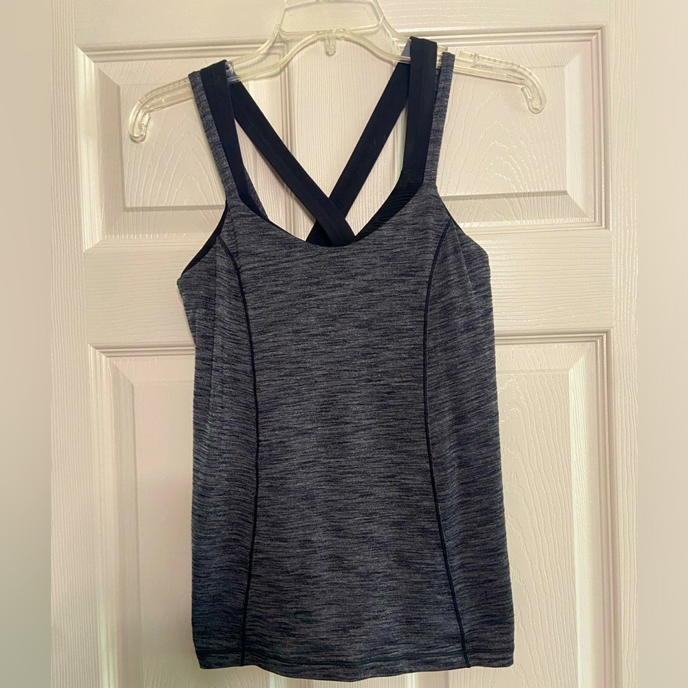 Lululemon Lighten Up Tank Heathered Black / Black Strappy Bra w PADS Sz 6